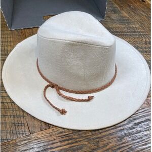 Cream Faux Suede Wide Brim Fedora Hat with Braided Band Cowgirl One Size